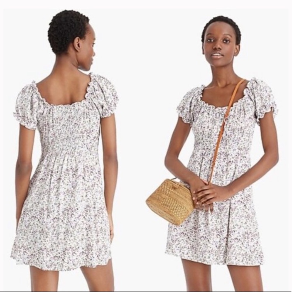 J. Crew Puff Sleeve Peasant Mini Dress in Soft Rayon, Peach Multi Floral, Size 2 - Picture 2 of 11